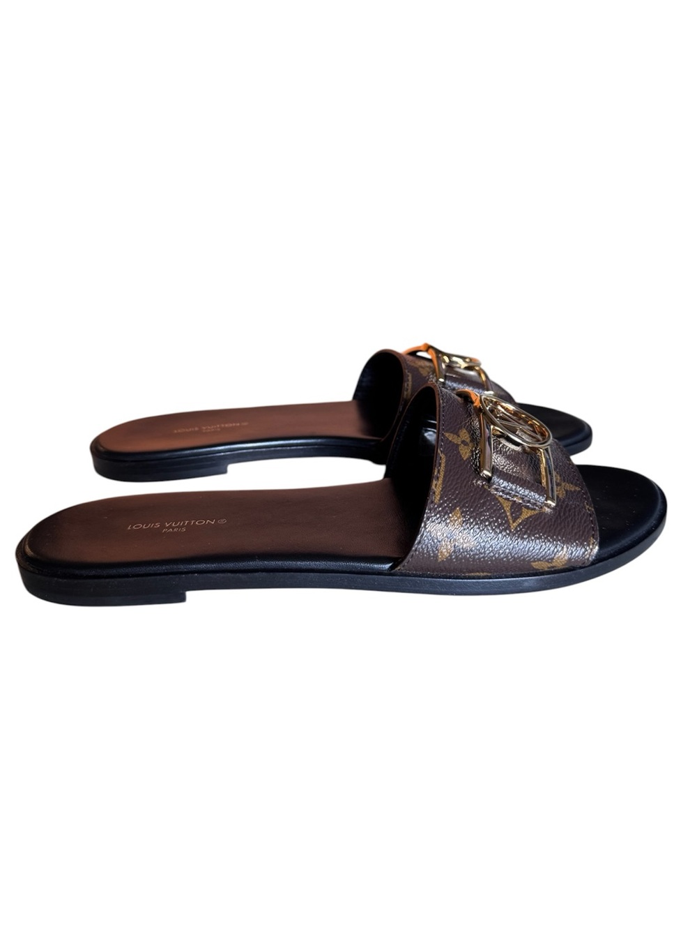 Louis Vuitton Brown Monogram Logo Slide Sandals with Gold Hardware - Picture 4 of 9